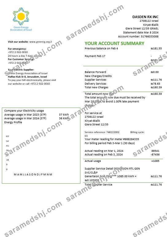 Israel Green Energy Association of Israel business utility bill template in Word and PDF formats